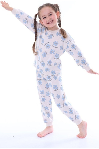 Kız Çocuk Mavi Çiçek Desenli Uzun Kollu Pijama Takımı-912 Mavi