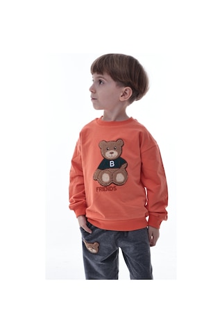 Erkek Çocuk Hayvan Figürlü Turuncu Sweatshirt Ve Gri Eşofman Takımı Yumuşak Kumaş, Rahat Kalıp Takım Turuncu