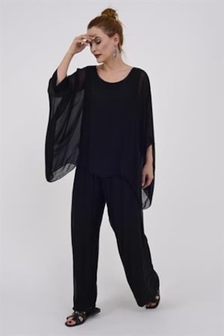 Bohem Stil İtalyan Yarasa Kol İpek Bluz & Pantolon Takım-8767 K.siyah Siyah