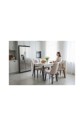 Tool Aksesuar T-6025 Carara 70x120 Mdf Kare Gold Krem Sandalye 4 Kişilik Mutfak Masası Takımı