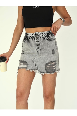 Zeo Basic Ön Düğme Detaylı Beli Lastikli Denim Etek Gri