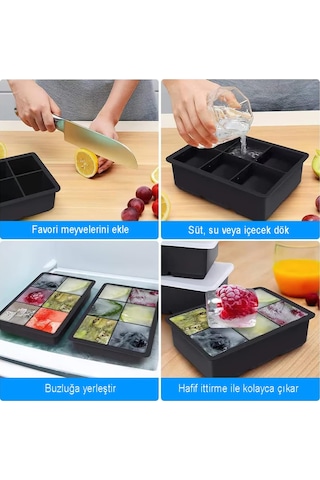 İndecor Houseware Siyah Silikon 6'lı Kare Buz Kalıbı - 6 Bölmeli Buzluk 5cm Dev Buz Küpleri - Sunum Buz Küpü