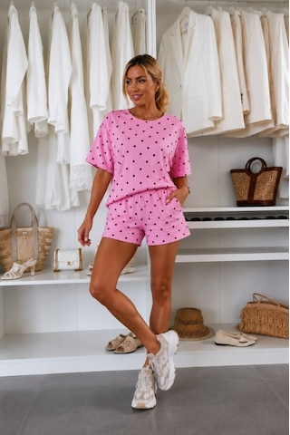 Etiler Collection Kadın Puantiyeli Viskon Kumaş Şortlu Takım Pembe