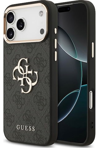 Apple Uyumlu iPhone 17 Pro Max Kılıf Guess Lisanslı Gold Metal Kamera Çerçeveli Metal Büyük 4g Yazı Logolu Siyah