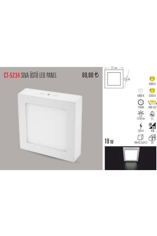 Cata Ct-5234 18 Watt Sıva Üstü Kare Led Armatür Beyaz Işık N11.418