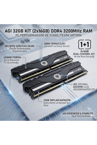 Agı 32gb Kit 2x16gb Ddr4 3200mhz Udımm Cl22 Soğutuculu Masaüstü Pc Ram