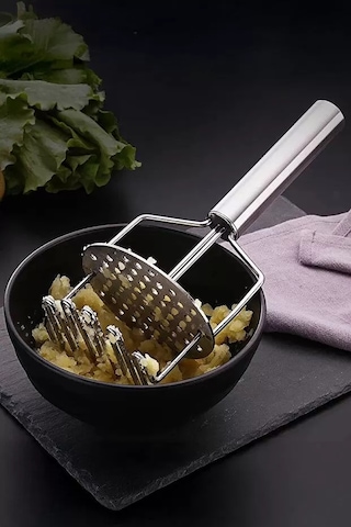 Paslanmaz Çelik Saplı Patates Ezici & Pratik Sebze Püresi Hazırlama Gereci 23 Cm Siyah