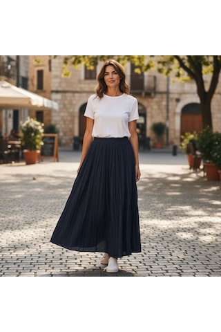 Eren Style İtalyan Beli Lastikli Ütülenmeyen Kırışık Etek Lacivert
