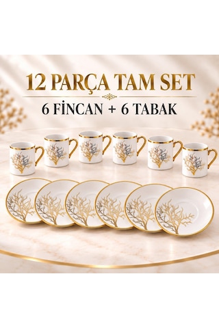 Valkyrie 12 Parça 6 Kişilik 80 Ml Türk Kahvesi Fincan Takımı Gold Detaylı Ağaç Desenli K654-a
