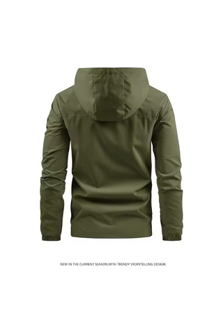 Yeni Gündelik Kapüşonlu Düz Renk Çok Cepli Açık Hava Erkek Rüzgarlık Ceketi Haki