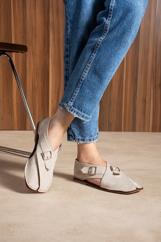 Duxal Shoes Cooper İçi Hakiki Deri Süet Kadın Sandalet Tokalı Günlük Rahat Ayakkabı - Babet Bej