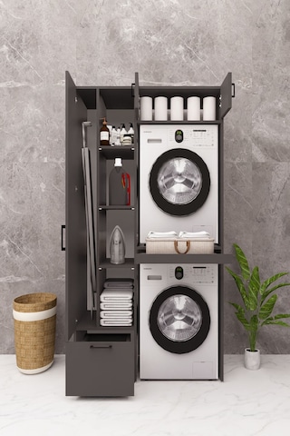 Mdf Çamaşır Makinesi Ve Kurutma Makinesi Dolabı Ütü Masalı Antrasit