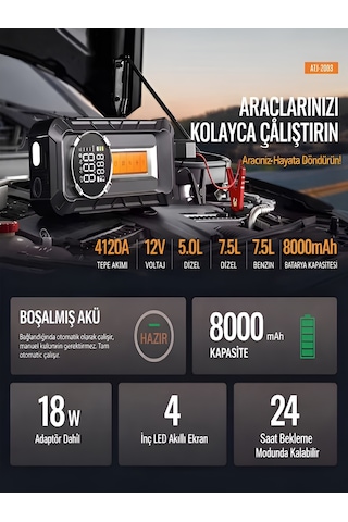8000mah 1000a Akü Takviyeli Kompresör 150 Psı Çift Dijital Ekran Led Fenerli Hava Pompası Siyah - Abs+
