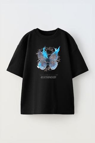 Thewert Unisex Dikenli Tel Kelebek Tasarım Baskılı Pamuk Sıyah Oversize T-shirt Siyah