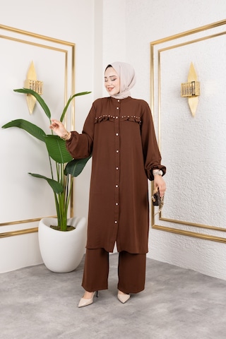 Ayrobin Kumaş İnci Detaylı Takım / T112 - Kahverengi Kahverengi