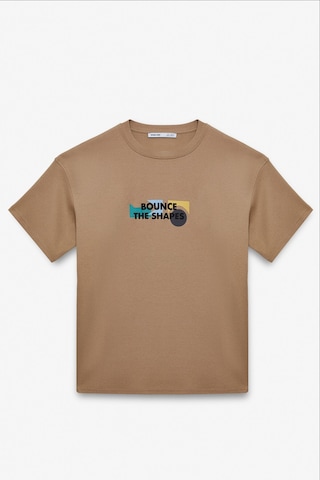 Grimelange MILENNIAL Erkek Oversize Fit %100 Pamuk Kalın Dokulu Baskılı Koyu Bej T-Shirt