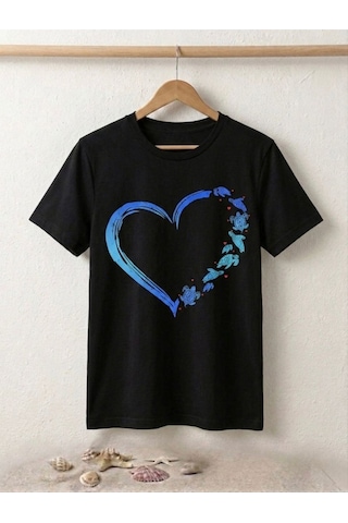 Mavi Kalp Baskılı Kompak T-shirt Siyah