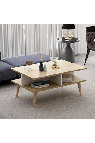 Dekorosso Poloo Ahşap Ayaklı Modern Orta Sehpa 90Cm Beyaz-Safir