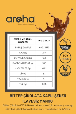 %72 Kakao Bitter Çikolata Kaplı Şekersiz Mango Dilimleri 250 G