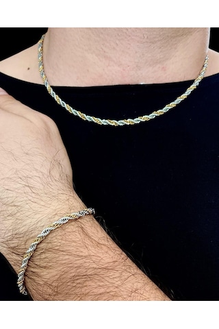 Tamamı Saf Çelik Burgu Arası Zincir Model Erkek Kolye Bileklik Altın - Beyaz