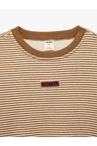 Koton Etiket Detaylı Şardonlu Bisiklet Yaka Uzun Kollu Oversize Çizgili Sweatshirt Kahverengi Çizgili 7wmb10126tk