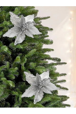 Yılbaşı Ağacı Dekor Süsü Simli Atatürk Çiçeği Gümüş