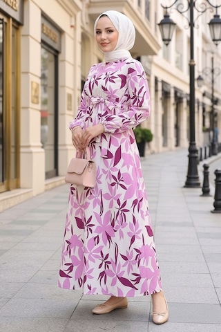 Bestenur Zerya Desenli Keten Elbise 1718 - Pembe