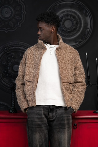 Oversize Crop Model Yan Cepli Astarlı Kırçıllı Mont Kahverengi