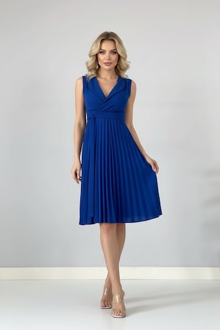 Defymoda Kadın Plise Detaylı Kuşaklı Modern Elbise Mavi
