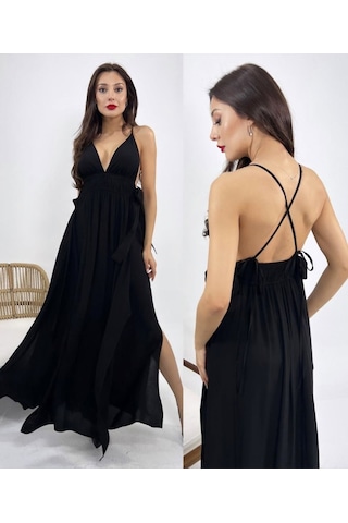 Fashion Cocktail İp Bağlama Askılı Yan Dekolteli Bağcık Fiyonk Pamuklu Maxi Uzun Tatil Beach Yazlık Elbise Siyah