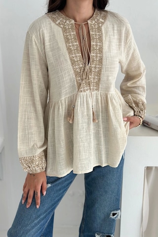 Asprin Fashion Etnik Desenli Bağlamalı Bluz Krem