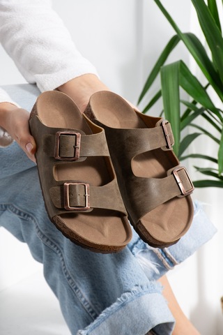 Stwenn Çift Tokalı Ortopedik Taban Terlik Unisex Günlük Rahat Kaymaz Taban Yazlık Sandalet Vizon