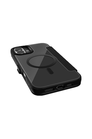 Apple Uyumlu iPhone 16 Kılıf Magsafe Vegan Deri Şeffaf Kartlıklı Raptic Urban Folio Serisi Kapak Siyah Siyah