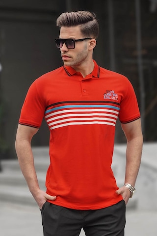 Madmext Kırmızı Çizgili Polo Yaka Tişört 5869-Kırmızı