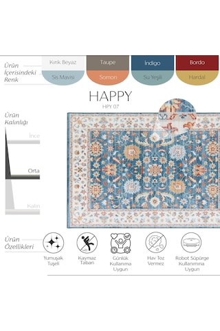 Cool Halı Happy Mavi Halı Vintage Klasik Çiçek Desenli Kaymaz Taban Eskitme Dekoratif Salon Halısı