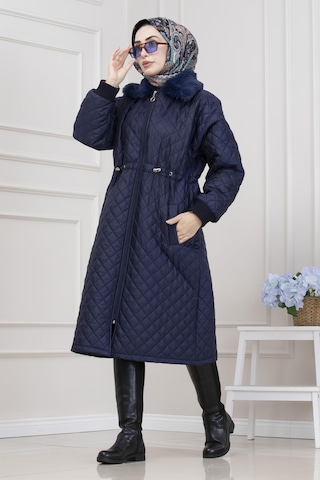 Yakası Kürklü Capitone Mont-lacivert-5564 Lacivert