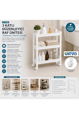 Orehome Rafty 3 Katlı Tekerlekli Dar Alan Düzenleyici Raf Ünitesi - Banyo Ve Mutfak İnce Servis Arabası 46,5x14,5x48 Cm Beyaz