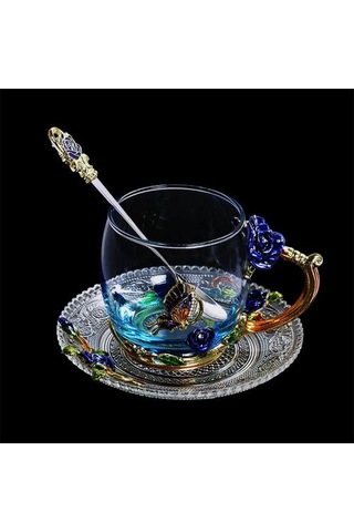 Mavi Gül Emaye Kristal Kupası Çiçek Çay Cam Yüksek Dereceli Cam Su Kupası Çiçek Kupa İle Handgrip Ile Mükemmel Hediye Düğün Kupalar Mavi Ahşap