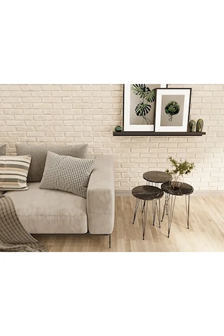 Zigon Sehpa 3'lü Yuvarlak Siyah Tel Ayaklı Siyah Mermer