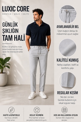 Luxıc Core Erkek Pamuklu Bağcıklı Pantolon Rahat Kalıp Günlük Casual Yazlık 2026 Yaz Koleksiyonu Açık Gri