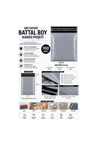 Northcity Gri Cepsiz Battal Boy Kargo Poşeti 45x55+5 Cm 100 Adet