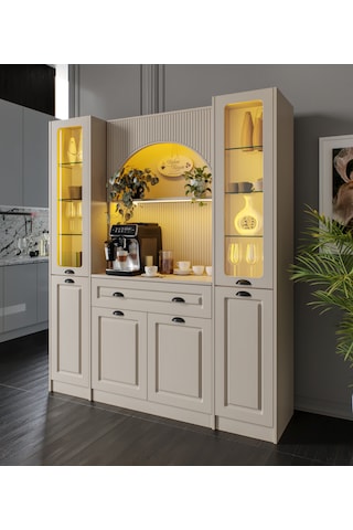 Siena Maxi 170 Cm Komple Mdf Cam Vitrinli Kahve Köşesi - Kum Beji