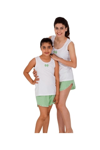 The Don Aile Beyaz-Yeşil Kareli Kız Çocuk Şort Takımı (9-14 Yaş)
