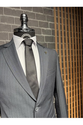 Dupont Classics Dupont Erkek Slim Fit 6 Drop Çizgili Viskon Mono Yaka Çift Düğme Çift Yırtmaç 2 Li Takım Elbise Açık Gri