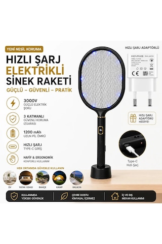 Dijital Ekranlı Şarjlı Sinek Raketi Usb Type-c Elektrikli Standlı El Tipi Mor Işıklı Sivrisinek Öldürücü Black