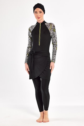 3 Farklı Şekilde Giyilebilir Likralı Etekli Tesettür Mayo 1112 Siyah03 Siyah03