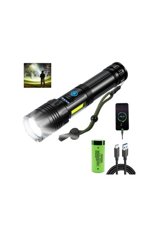 Padalink Güçlü Işık Kamp Feneri, Şarj Edilebilir Acil Durum El Feneri, Xhp70.2 Led, 26650 Pil Seti, Type-c Şarj, Teleskopik Zoom Siyah