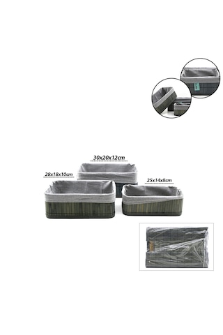 Lunaev Gri 3 Boy D.dörtgen Bambu Kenar Organizer Sepet Ahşap Altlık - Bezli 25x14-28x18-20x30cm 100