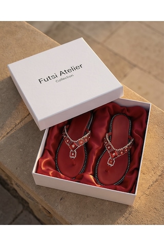 Futsishoes Amelıe Kırmızı Hakiki Deri Taş İşlemeli Parmak Arası Kadın Terlik