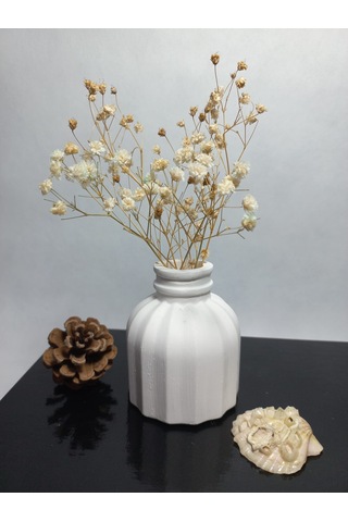 İnce Çizgili Vazo - Modern & Minimal Dekoratif Obje, Salon Ve Ofis Çiçeklik, Beyaz Beyaz